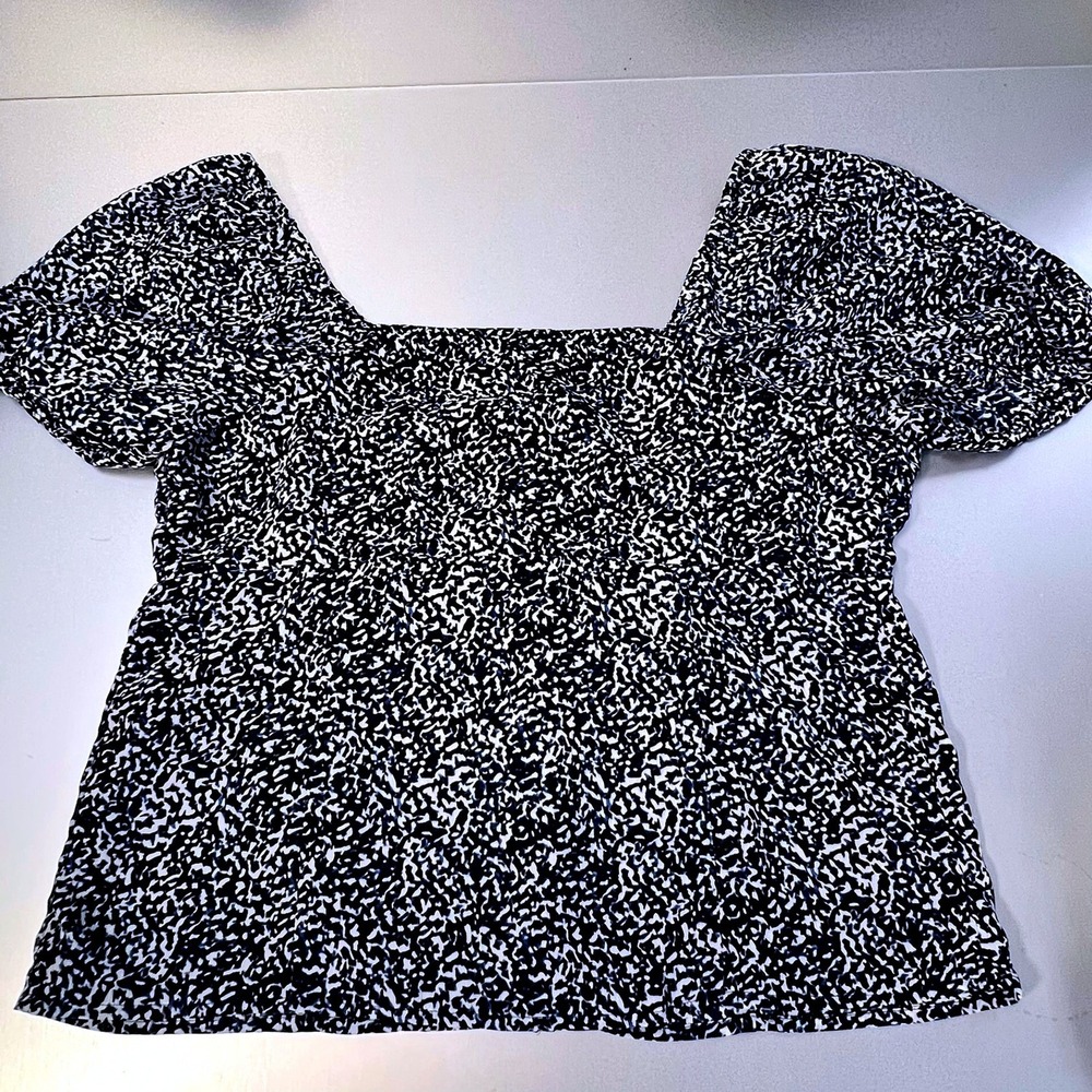 Madewell Blouse Women 4 Blue White Button Front Square Neck Puff Sleeve Crop Top